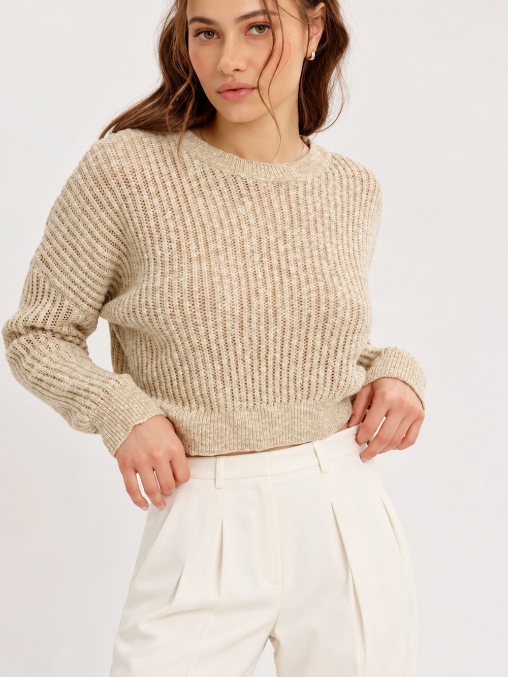 Open Knit Cropped Sweater Oversized Cotton Blend Crewneck Long Sleeve NWT